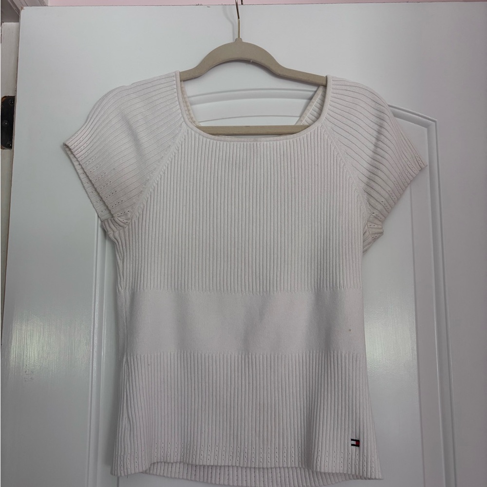 Tommy Hilfiger Cream Ribbed Short Sleeve Square Neck Top